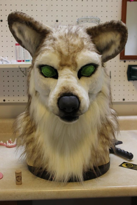 fursuit wolf head partially airbrushed