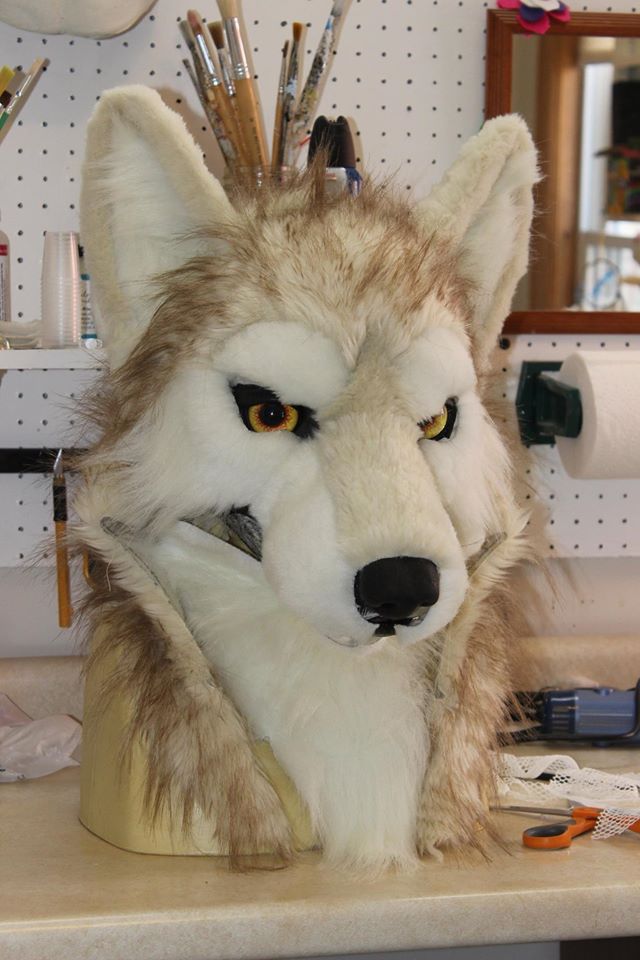 fursuit wolf head mostly sewn together pinned on resin  base