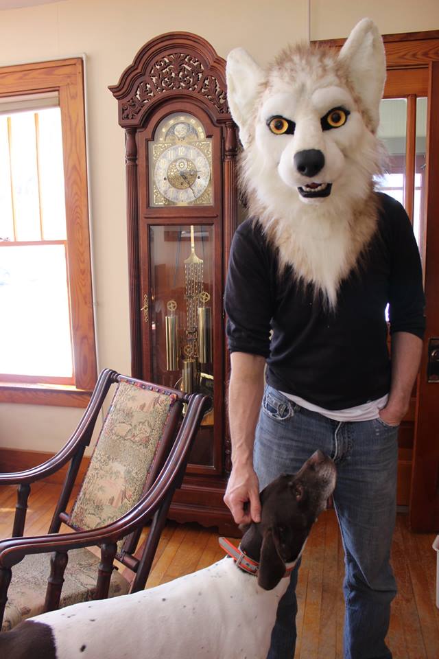 Fursuit wolf head by sans souci studios visiting with dogs