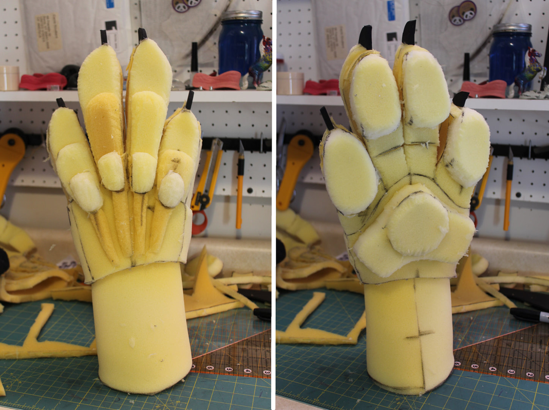 feral canine handpaw in foam for fursuit