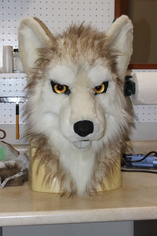 sewing fur for fursuit wolf head completed laid on resin base