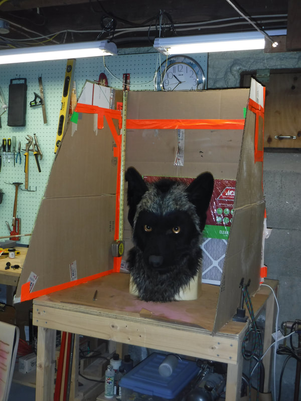 Cardboard mock up of spray  booth for airbrushing a fursuit head