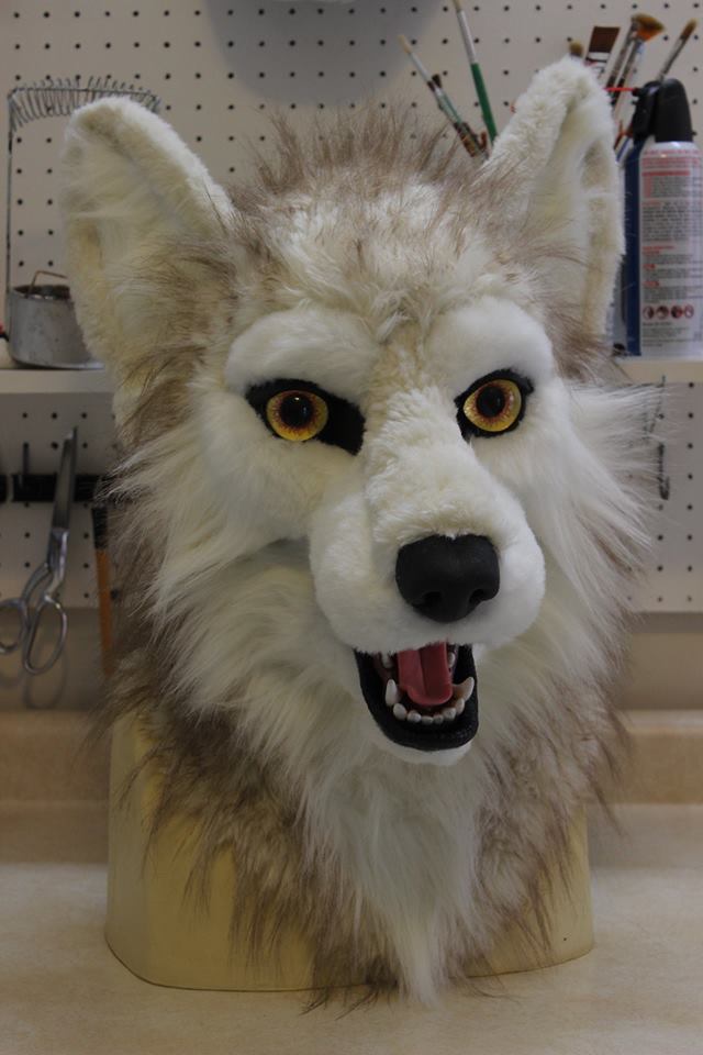 fursuit wolf head by Sans Souci Studios before shave and trim