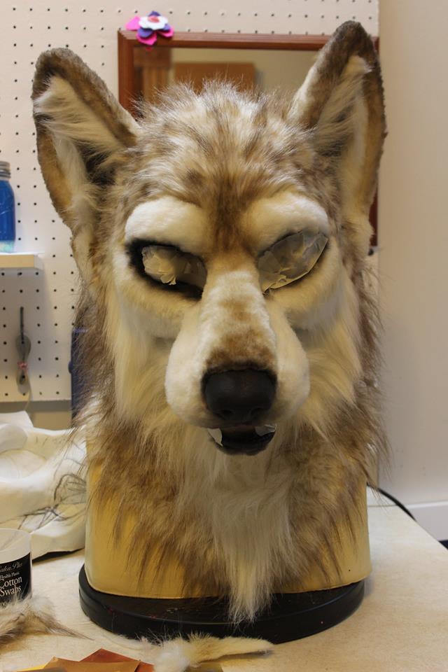 fursuit wolf head by sans souci studios grey and tan paint airbrushed on
