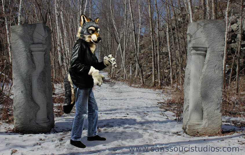 wolf fursuit partial by Sans Souci Studios being worn in Barre Town Forest
