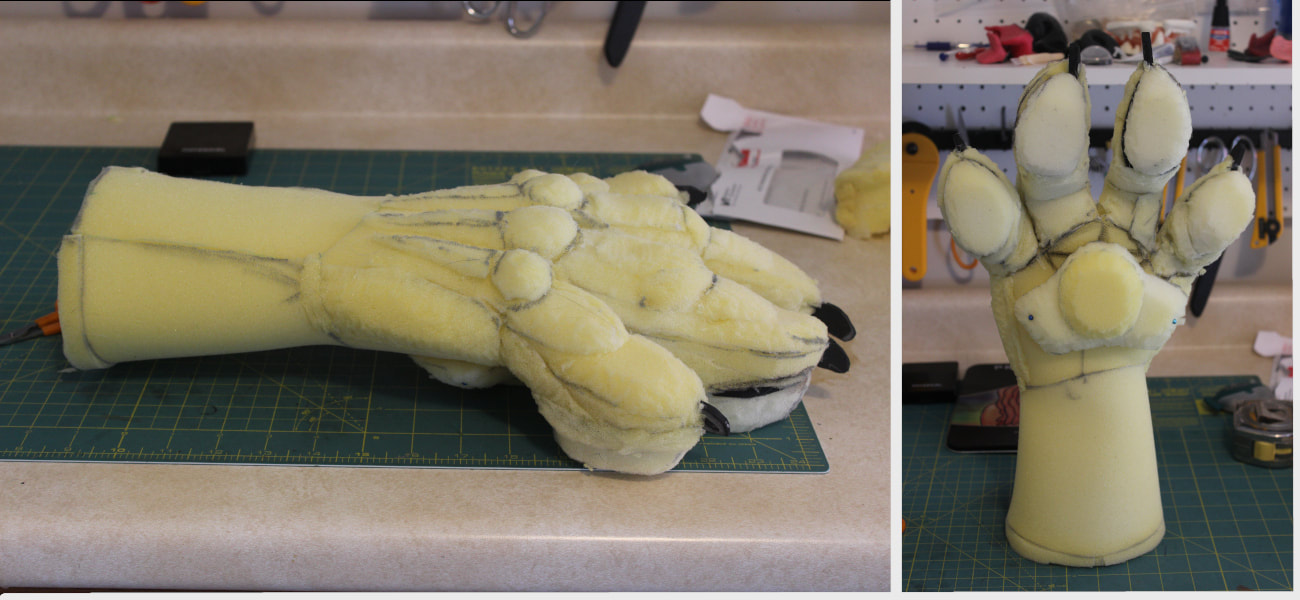 foam build for a feral canine handpaw for fursuit