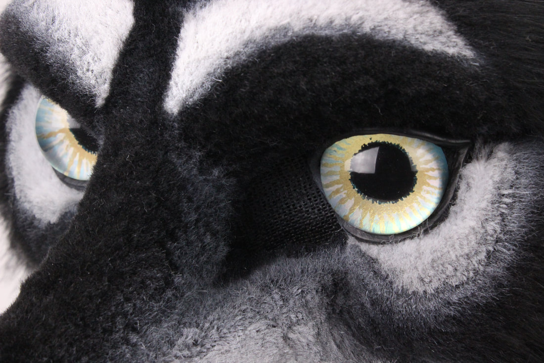 Wolf fursuit head eyes handpainted by Sans Souci Studios