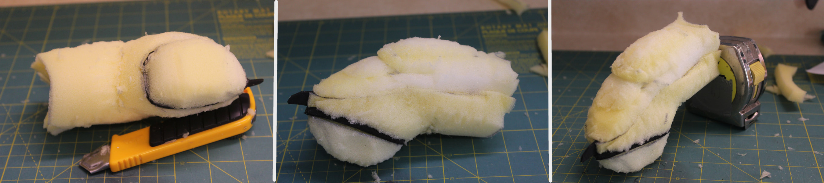 carving a finger out of foam for a handpaw