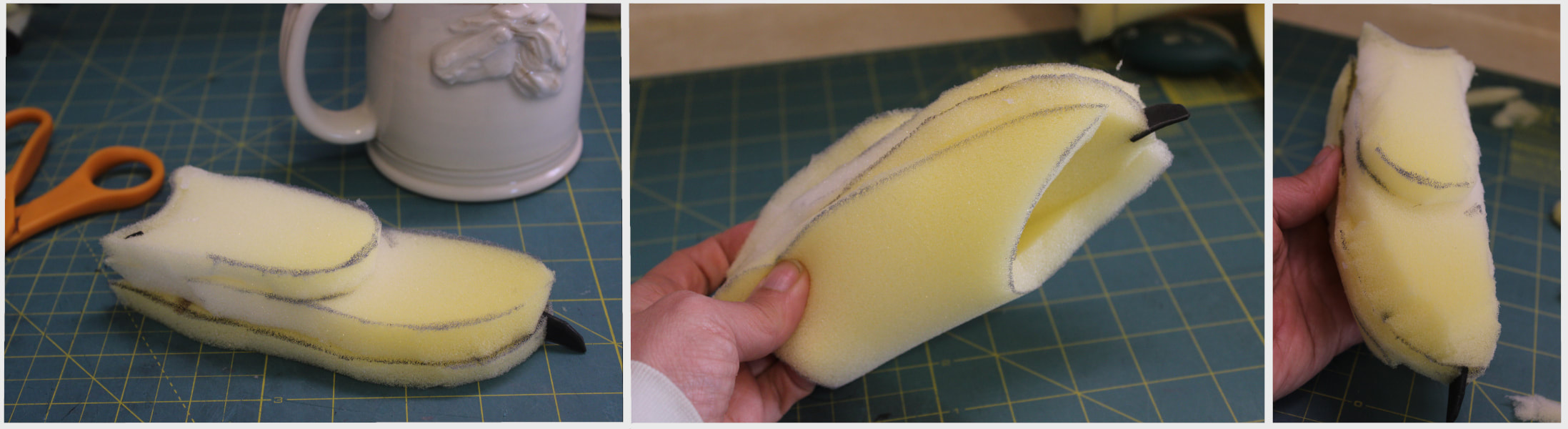 carving a finger out of foam for a handpaw